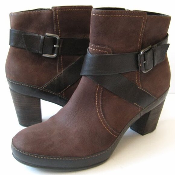 Clarks Shoes - Clarks Artisan Brown Leather Ankle Boots Booties Buckle Strap Zip Up Chunky 10M